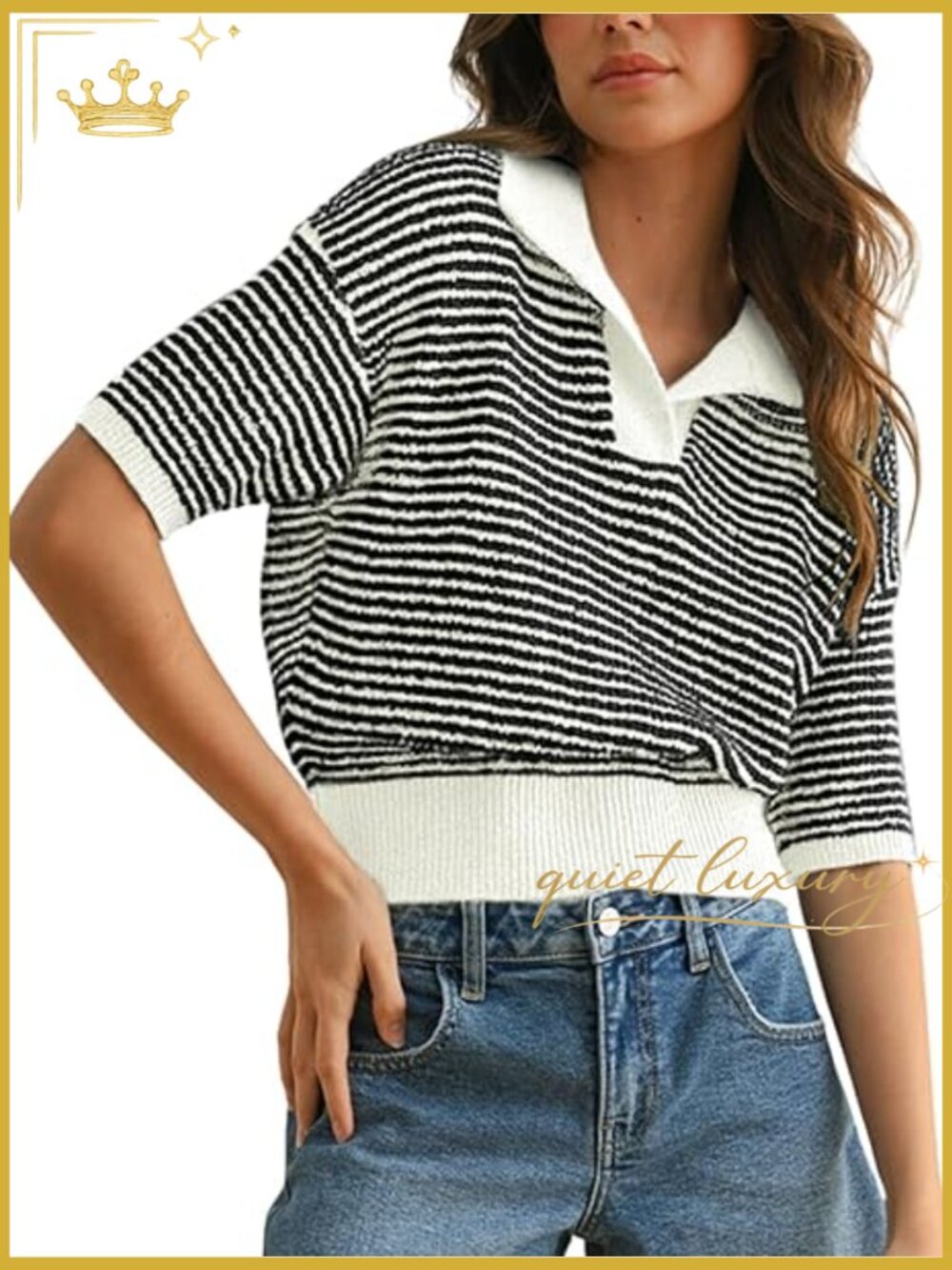 Striped Cropped Sweater Short Puff Sleeve V Neck Knit Pullover Top